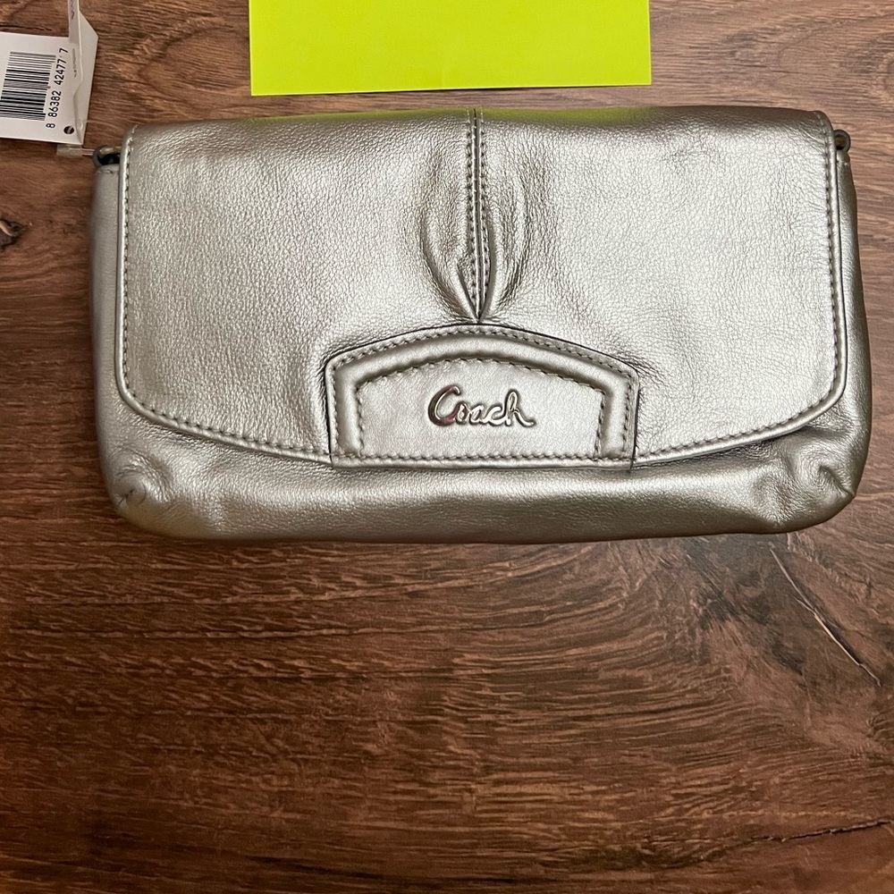 Coach Silver Leather Clutch with Wrist Strap NWT
